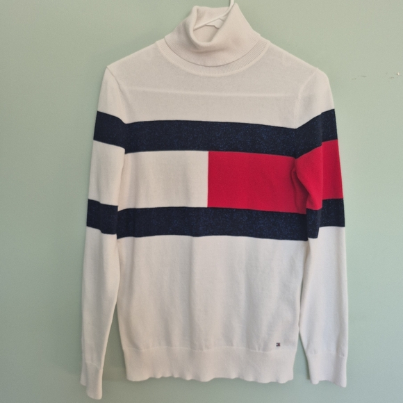 Tommy Hilfiger Women's Preppy White Logo Stripe Turtleneck Sweater Size XS/S - Picture 2 of 8